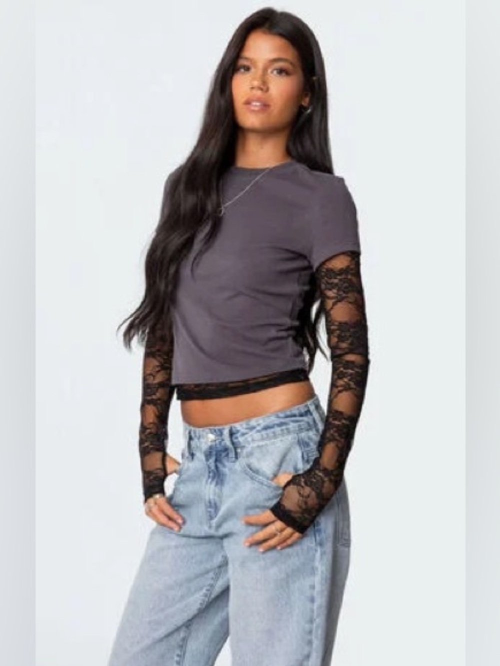 EDIKTED Layered Lace Long Sleeve T-Shirt Black Lace Gray Top Sz S - Picture 2 of 11